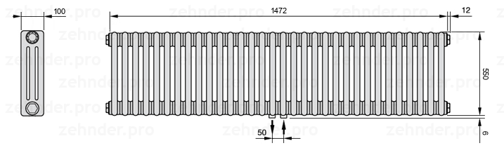 Схема (чертеж) Радиатор Zehnder Charleston 3055/32 №5410 Белый глянцевый RAL 9016